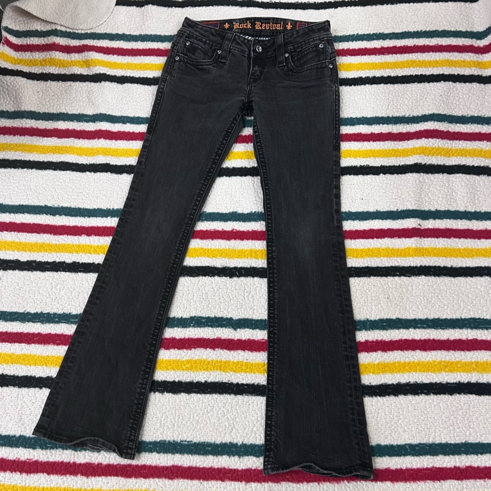 Rock Revival Pat Boot black denim jeans rhinestone pockets size 27